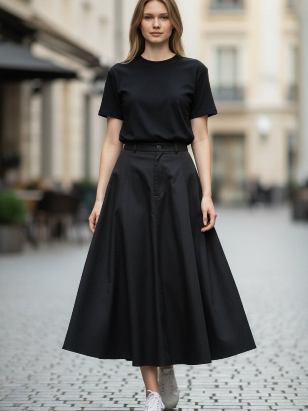 NWOT UNIQLO U Womens Dark Navy Cotton Flare Midi Skirt A Line High Rise Size S